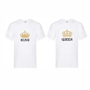Set 2 tricouri cuplu albe personalizate "King" & "Queen"