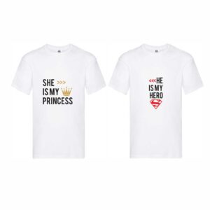 Set 2 tricouri cuplu albe personalizate "Princess" & "Hero"