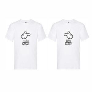 Set 2 tricouri cuplu albe personalizate "He's mine" & "I'm hers"