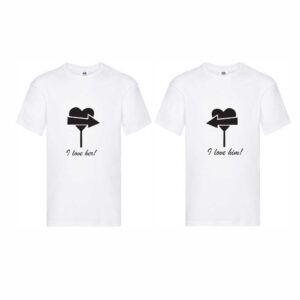 Set 2 tricouri cuplu albe personalizate "I love her!" & "I love him!"