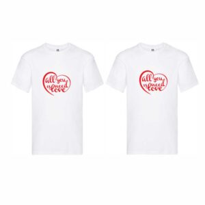 Set 2 tricouri cuplu albe personalizate "All you need is love"