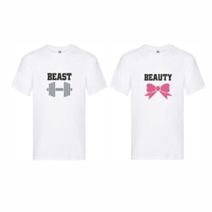 Set 2 tricouri cuplu albe personalizate "Beast" & "Beauty"