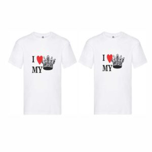 Set 2 tricouri cuplu albe personalizate "I love my"
