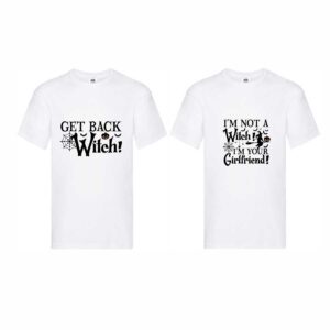 Set 2 tricouri cuplu albe personalizate "Get back witch!" & "I'm not a witch, I'm your girlfriend"